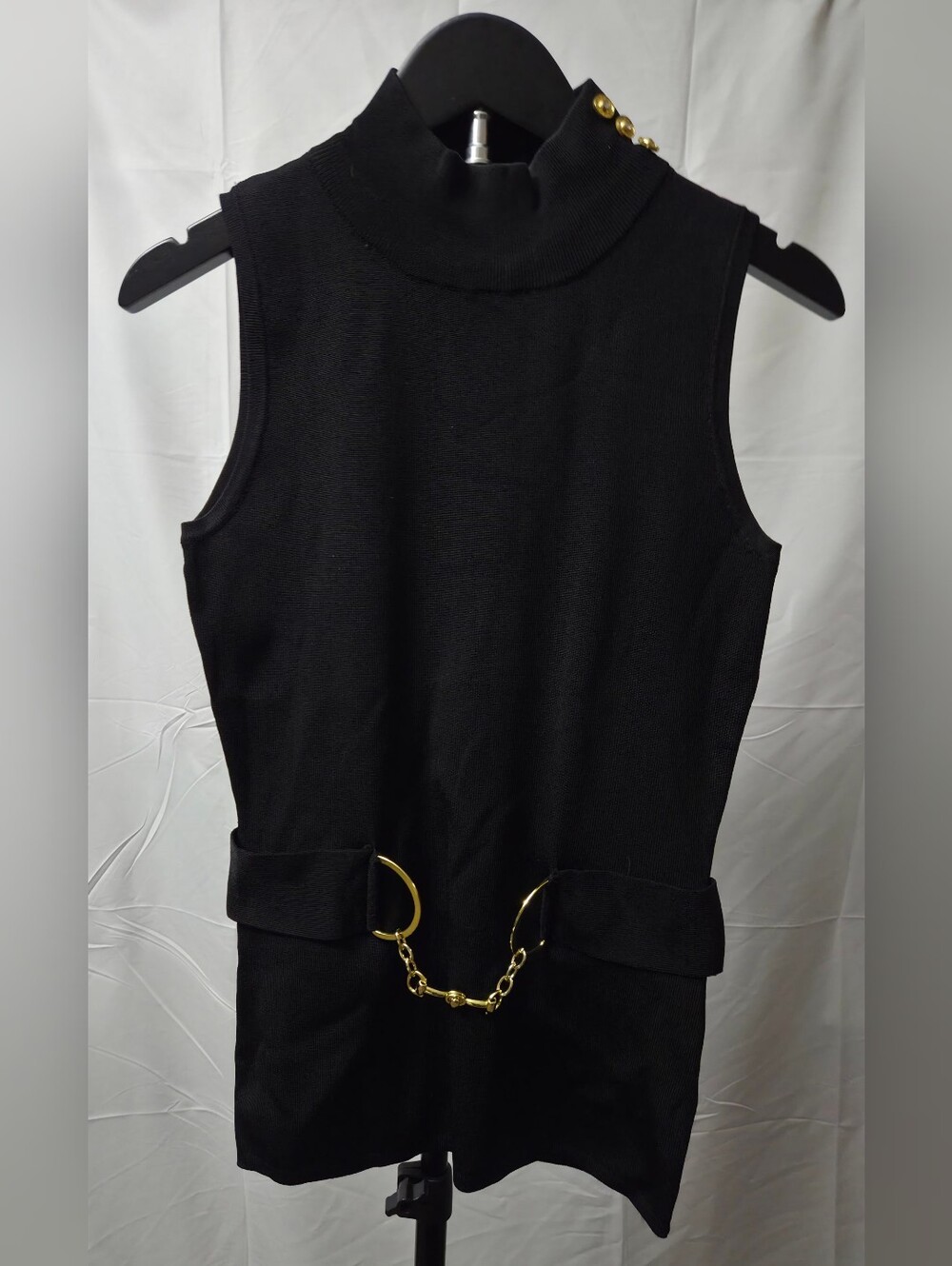 Fontana Black Mock Neck Sleeveless Knit Top Gold Rhinestone Button Chain Belt S